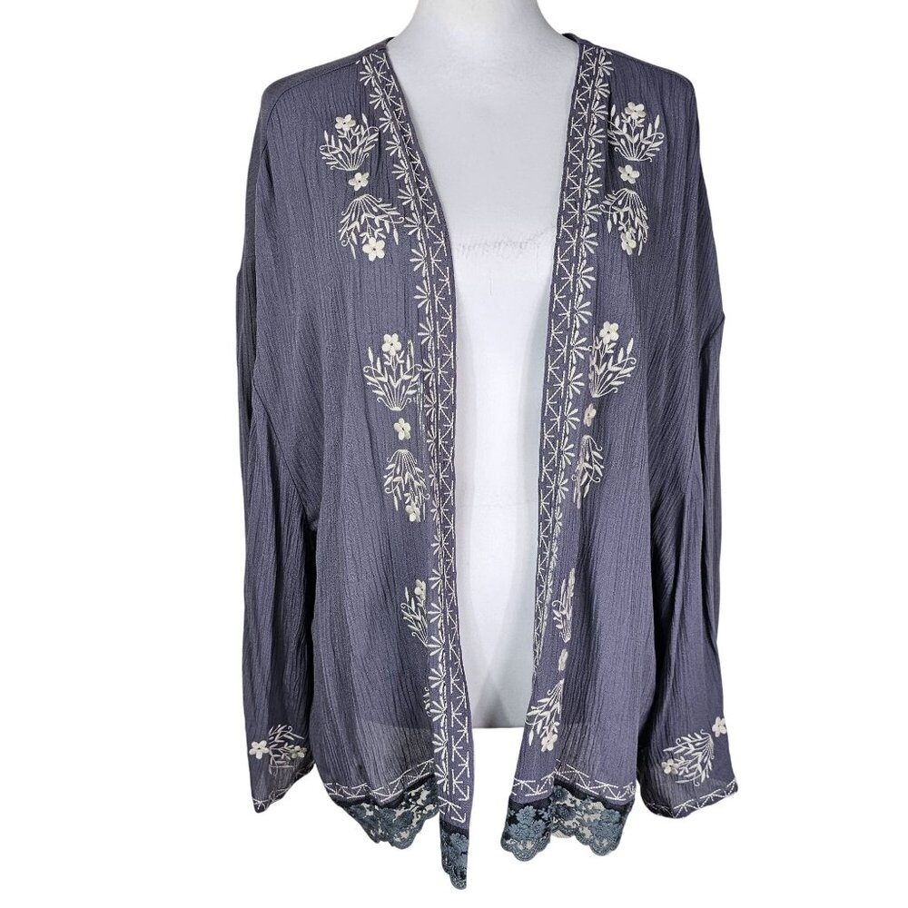 Sundance Embroidered Crinkle‎ Open Kimono Cardigan M Gray Cream Boho Resort Wear